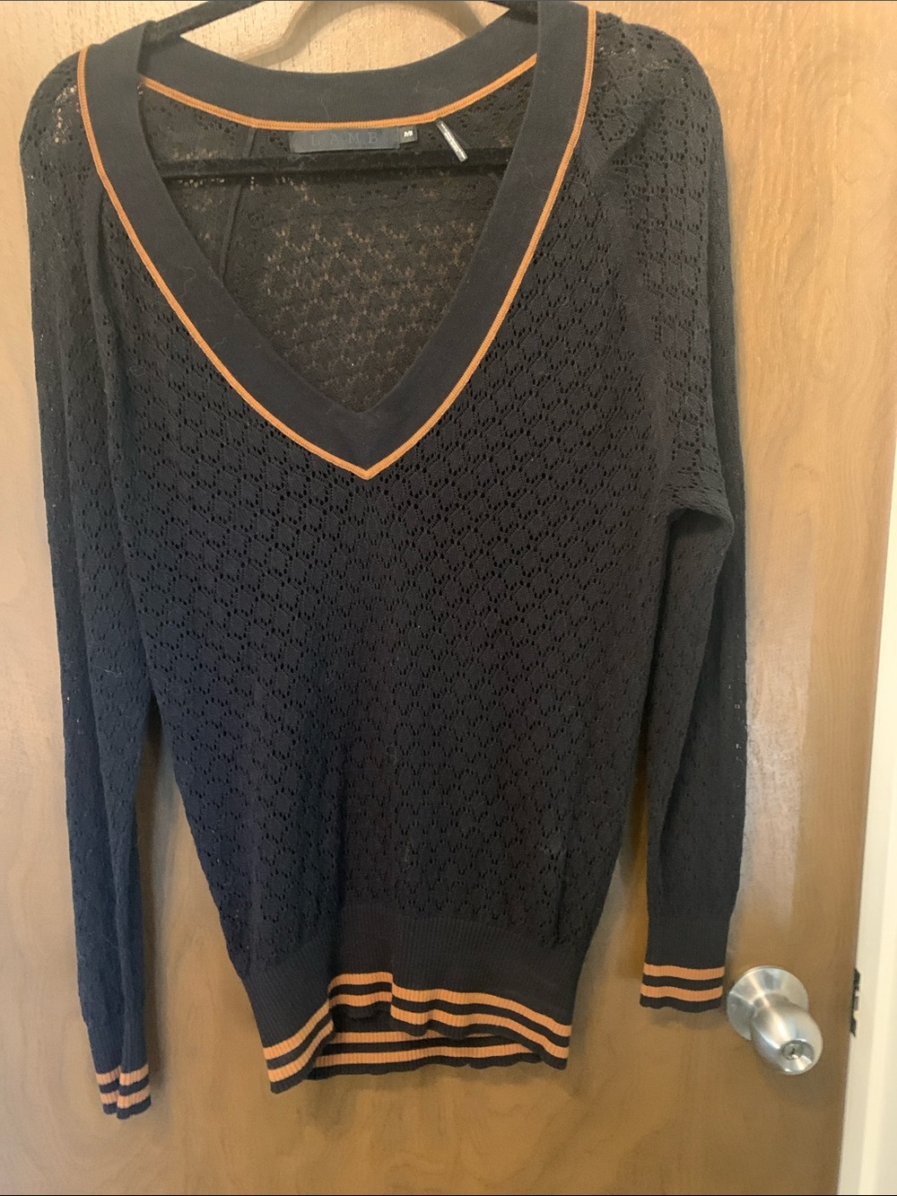 L.A.M.B. Navy V-Neck Sweater with Orange Trim